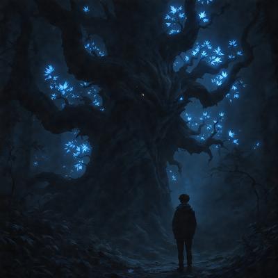 The primary subject of the image is a person standing in front of a large tree. The setting appears to be a forest, with the tree being the main object of focus. The visual style of the image is a digital art or illustration, creating a surreal and dreamy atmosphere. The colors in the image are predominantly blue, which adds to the overall mood of the scene.